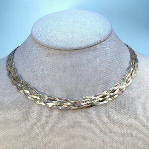 Sterling Silver 925 Tri-Color Braided Herringbone Chain Necklace 18.25" Length